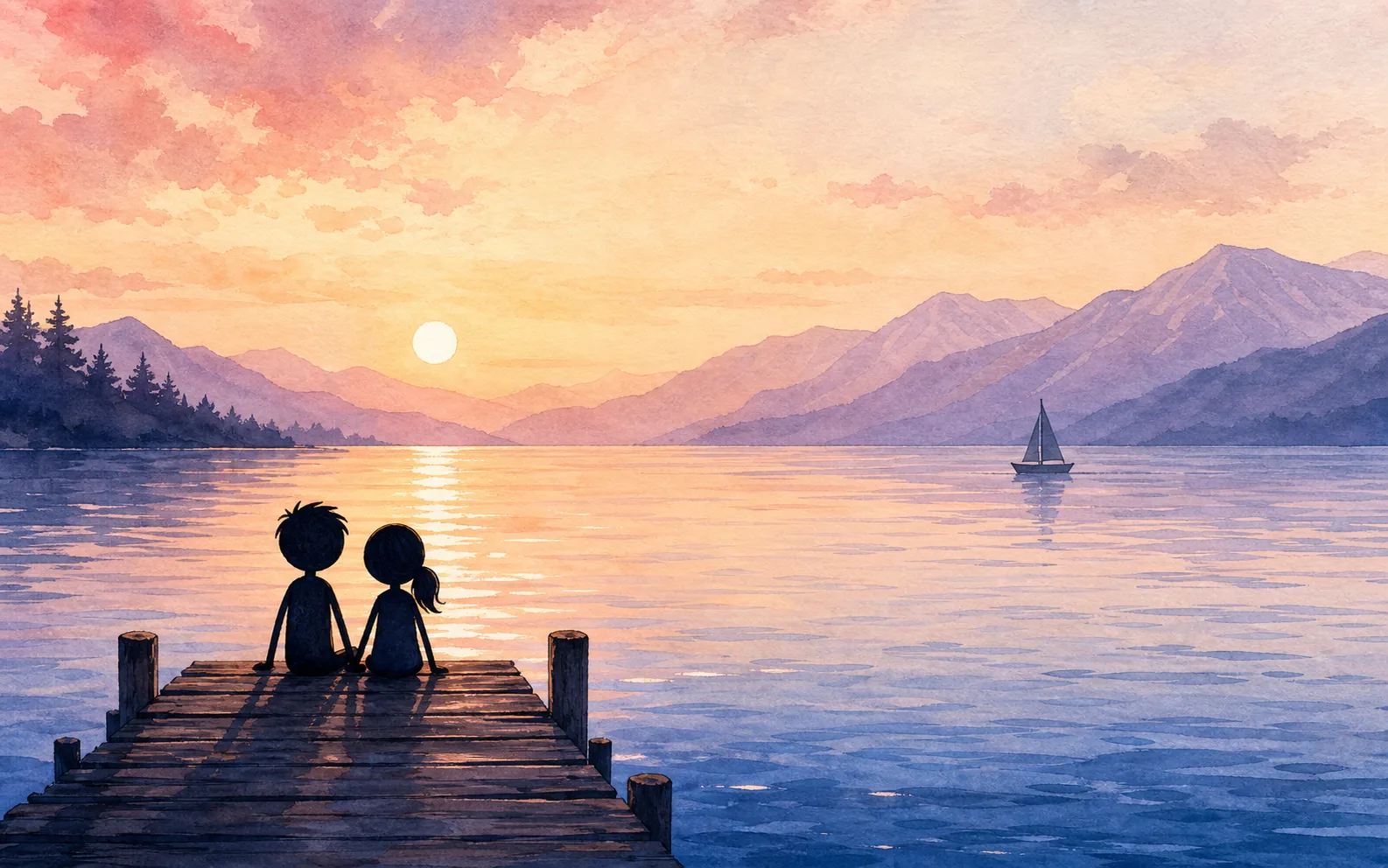 A watercolor couple sitting together by a mountain lake at sunset