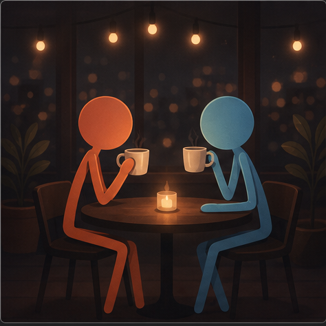 A couple sharing coffee at a small table